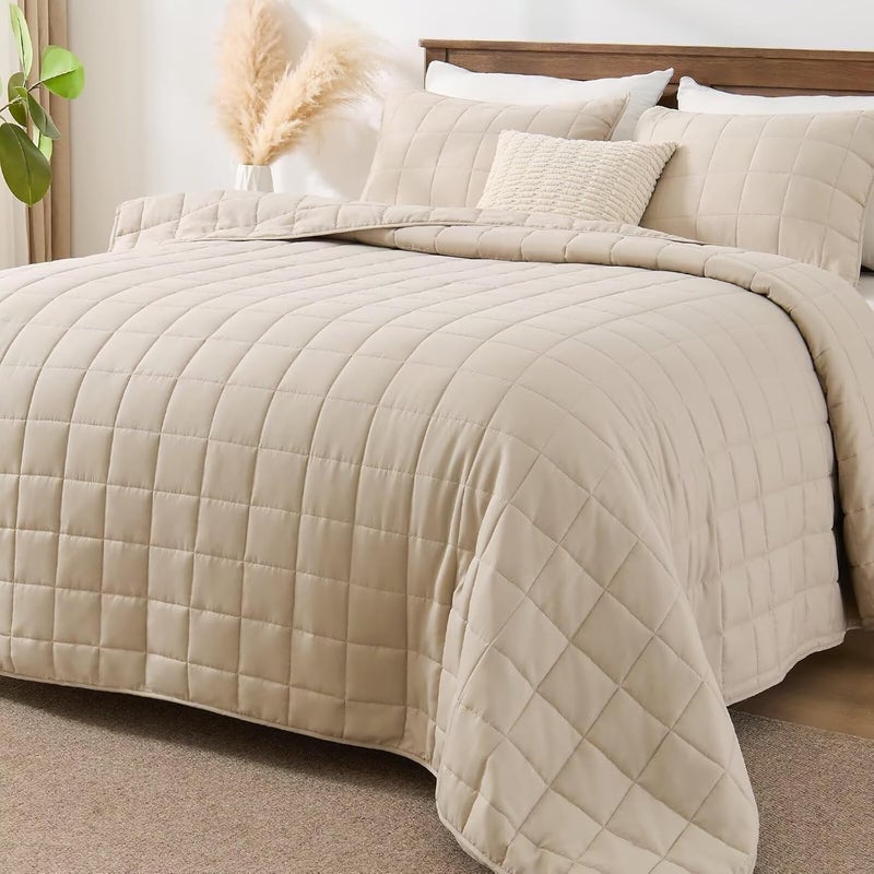 EMME Quilts Twin Size Bedding Sets, Beige Bedspread Soft Pre-Washed Quilt Winter Bed Sets, 2 Piece Cozy Reversible Microfiber Bed Coverlet with Pillow Sham (Square Pattern,66"x90") - Image 2